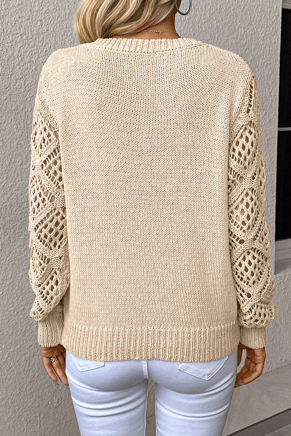 Beau Blue Solid V Neck Pointelle Knit Sleeve Patchwork Sweater