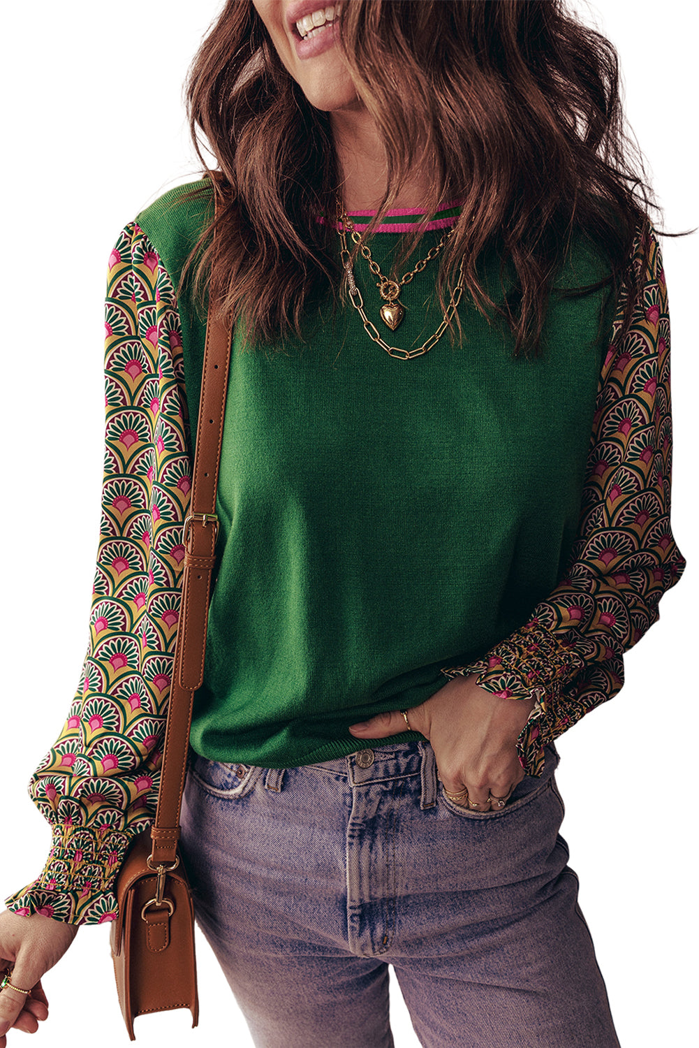 Pull à manches bouffantes et poignets froncés en patchwork floral vert noirâtre