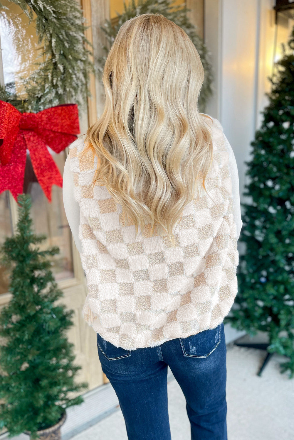 Khaki Sherpa Checkerboard Snap Button Vest Jacket