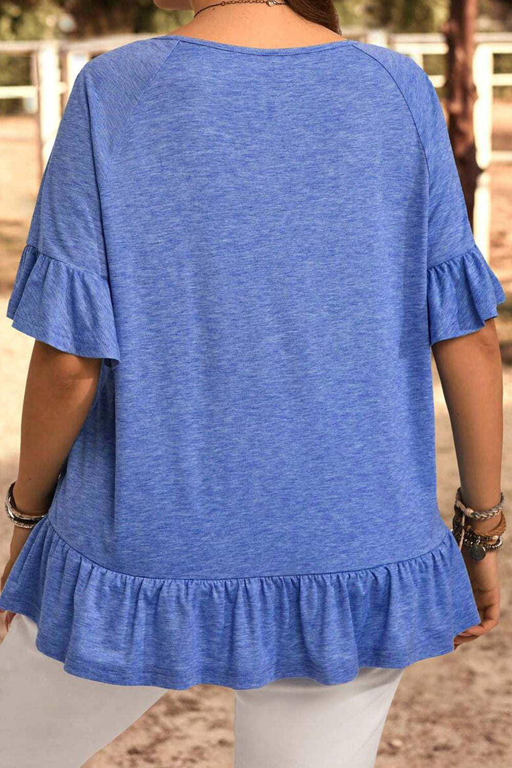 Dusk Blue Ruffle Hem Plus Size Flowy Blouse