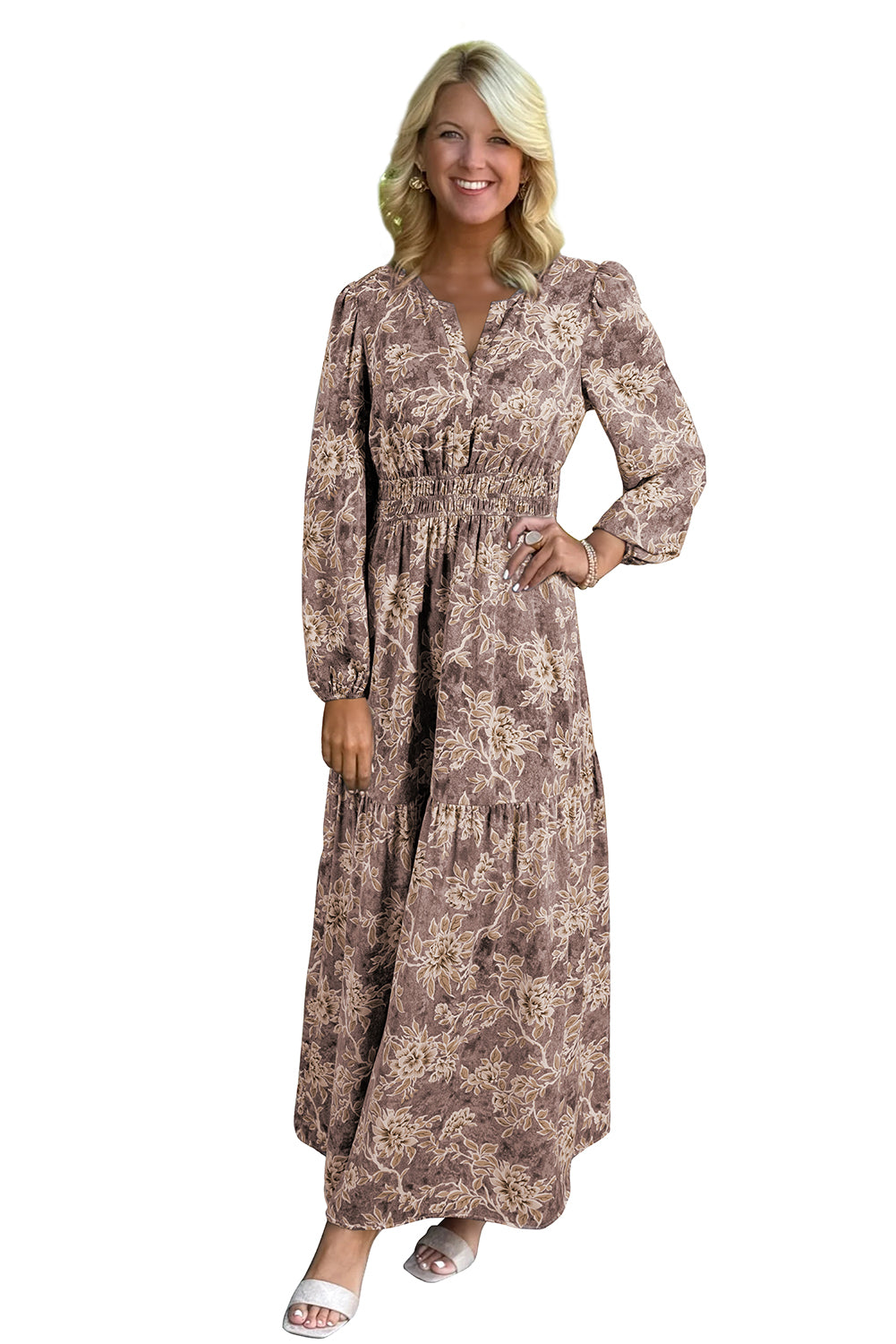 Brown Floral Print Smocked High Waist Long Sleeve Maxi Dress
