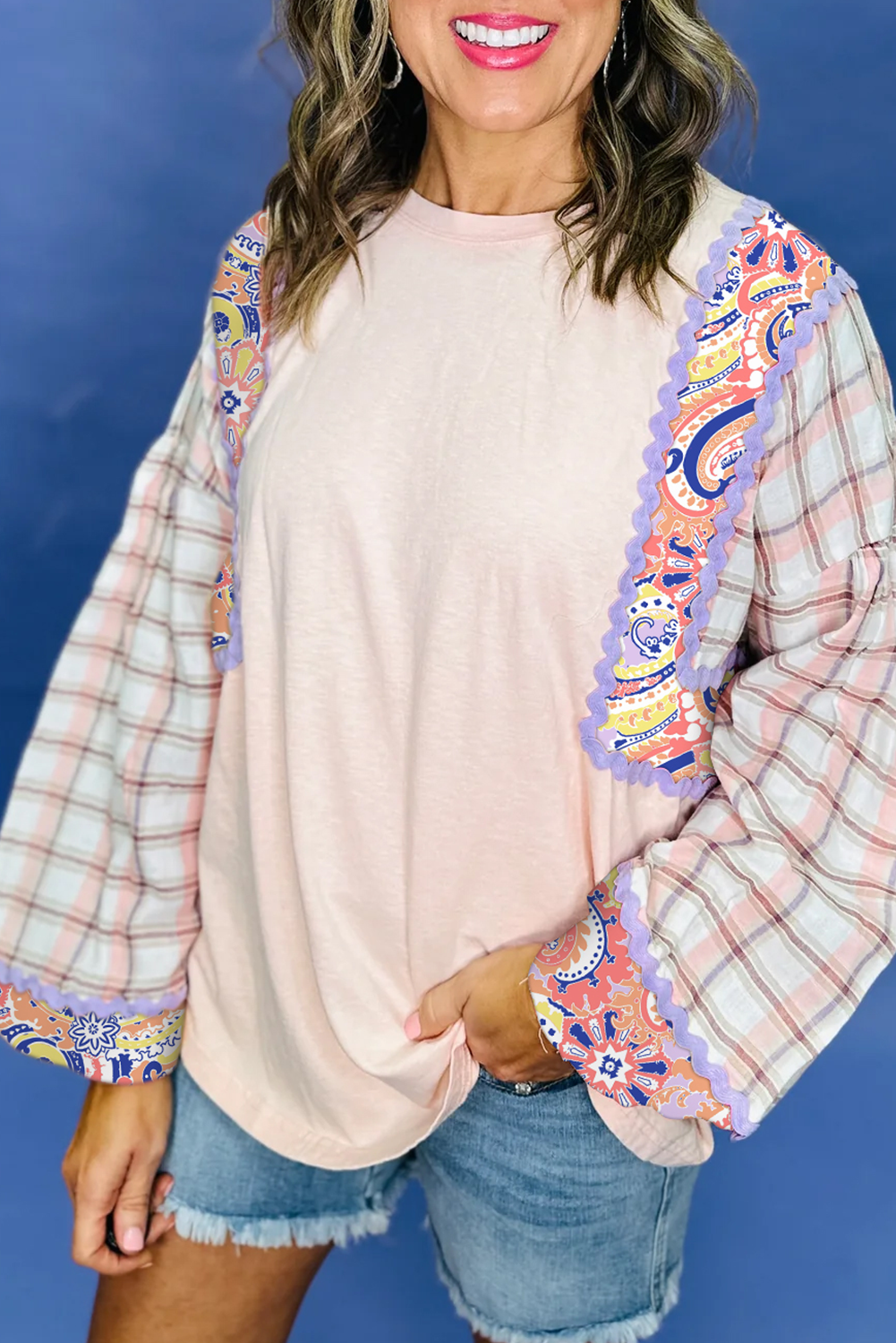 Delicacy Ricrac Trim Floral Plaid Patchwork Puff Sleeve Top