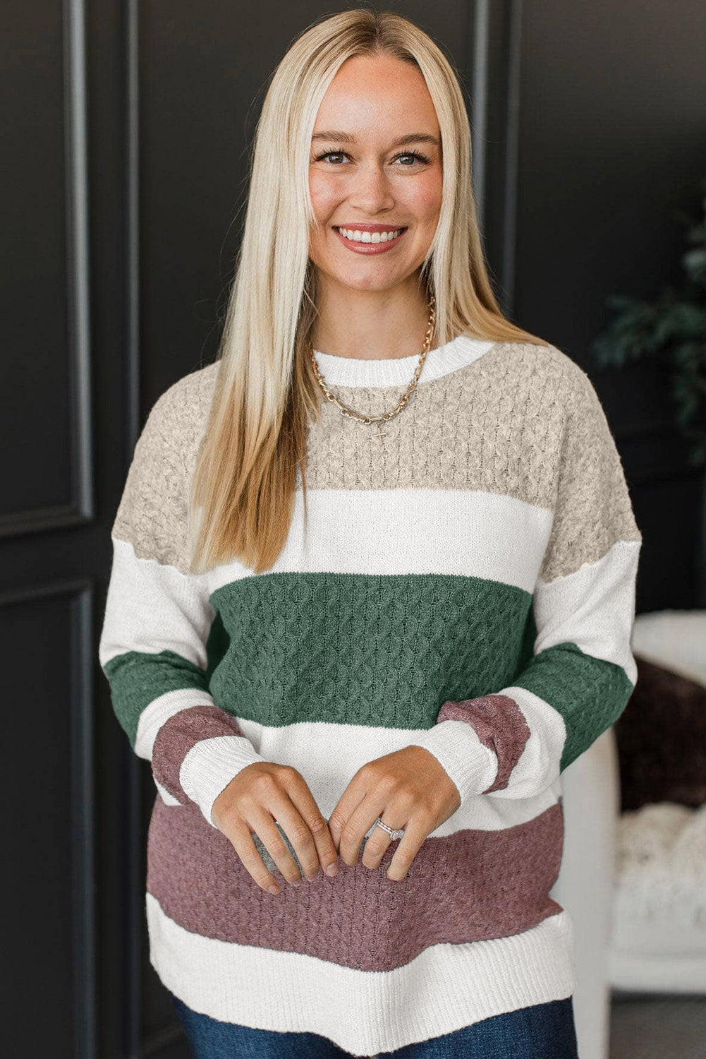 Green Mixed Texture Knit Striped Color Block Loose Sweater