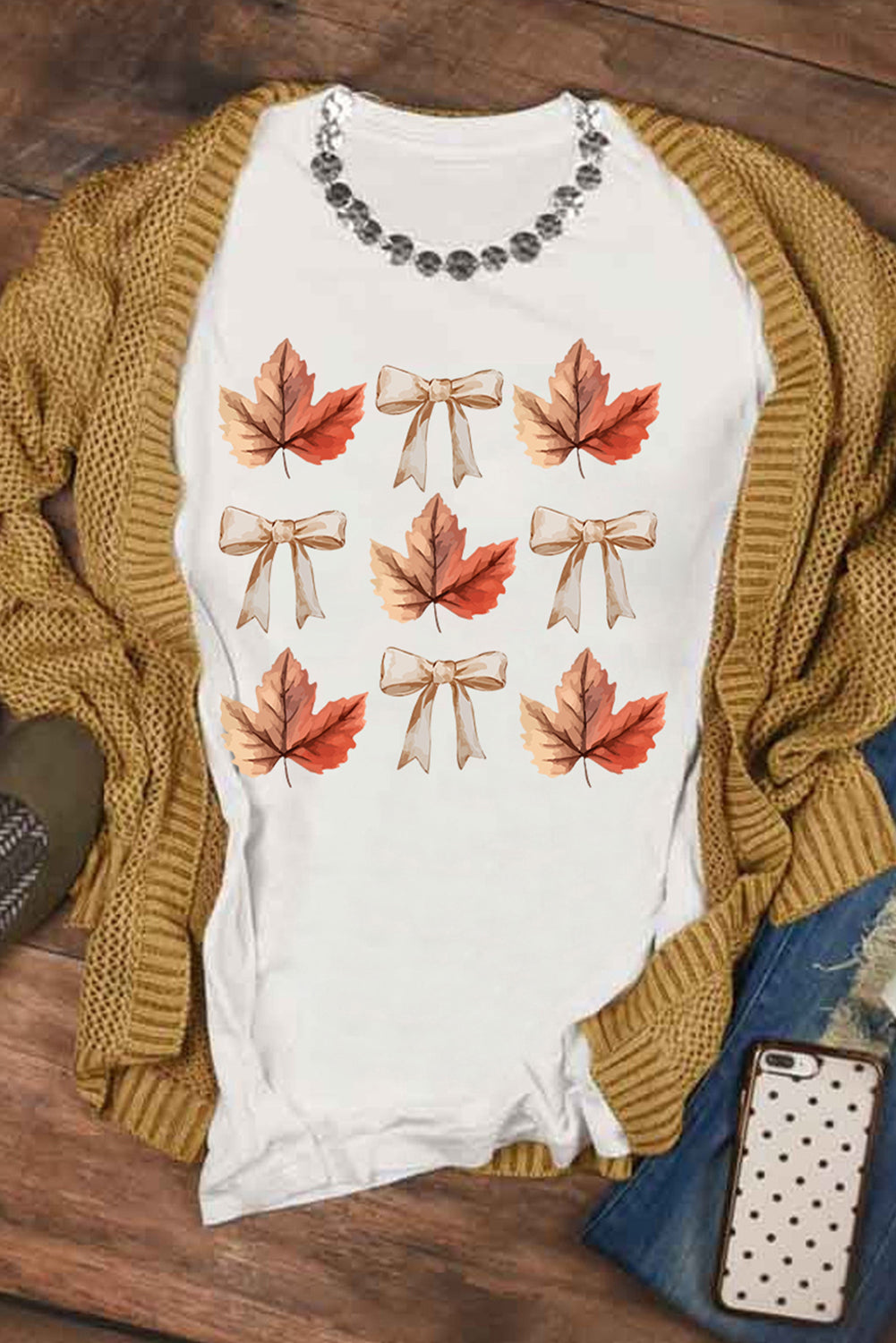 White Fall Leaf Bow Print Fashion T Shirt