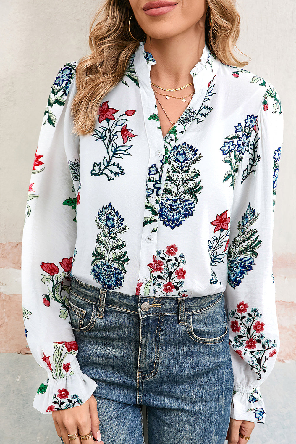 White Floral Print V Neck Loose Drop Sleeve Shirt
