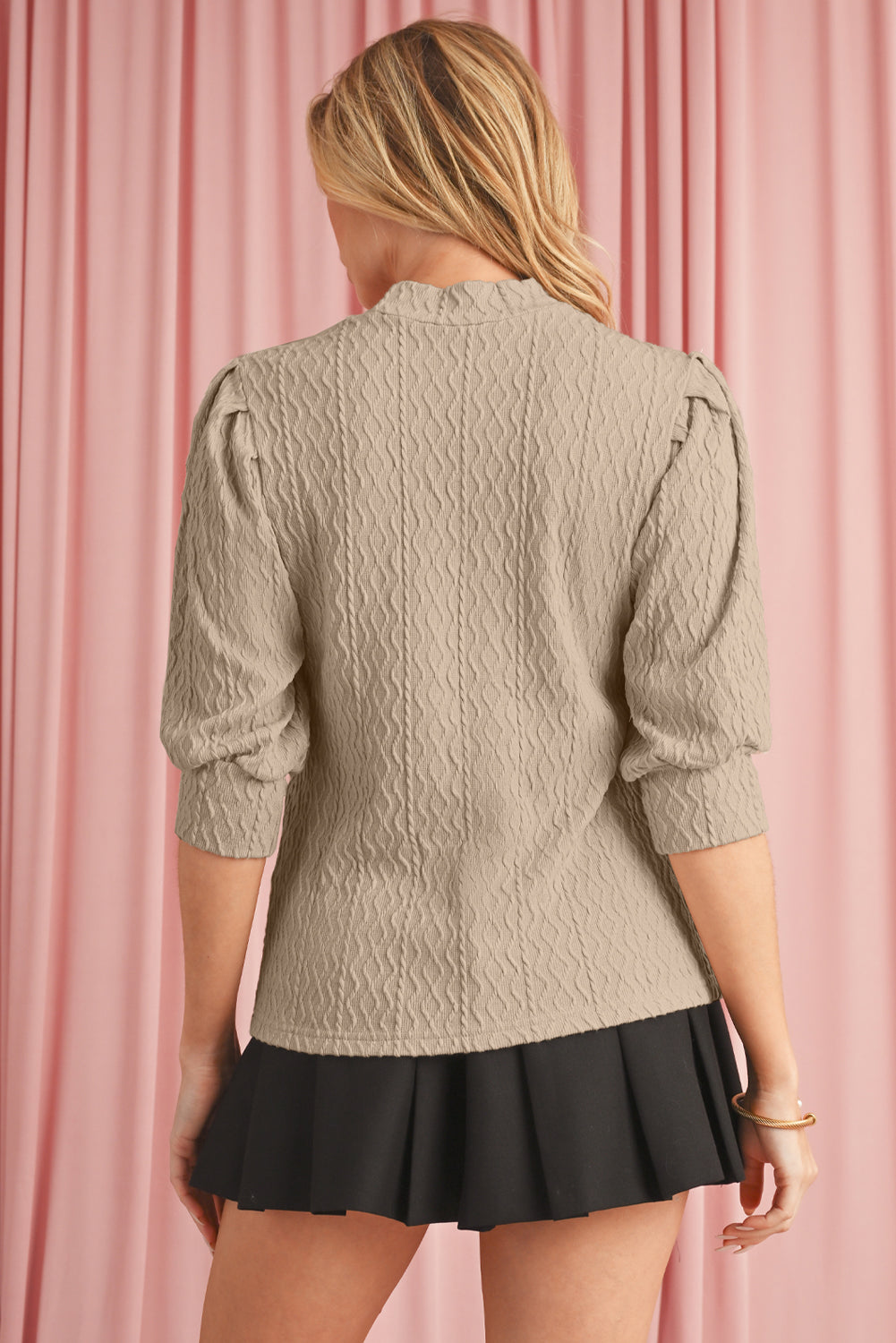 Apricot Textured Ruched Puff Sleeve Mock Neck Blouse