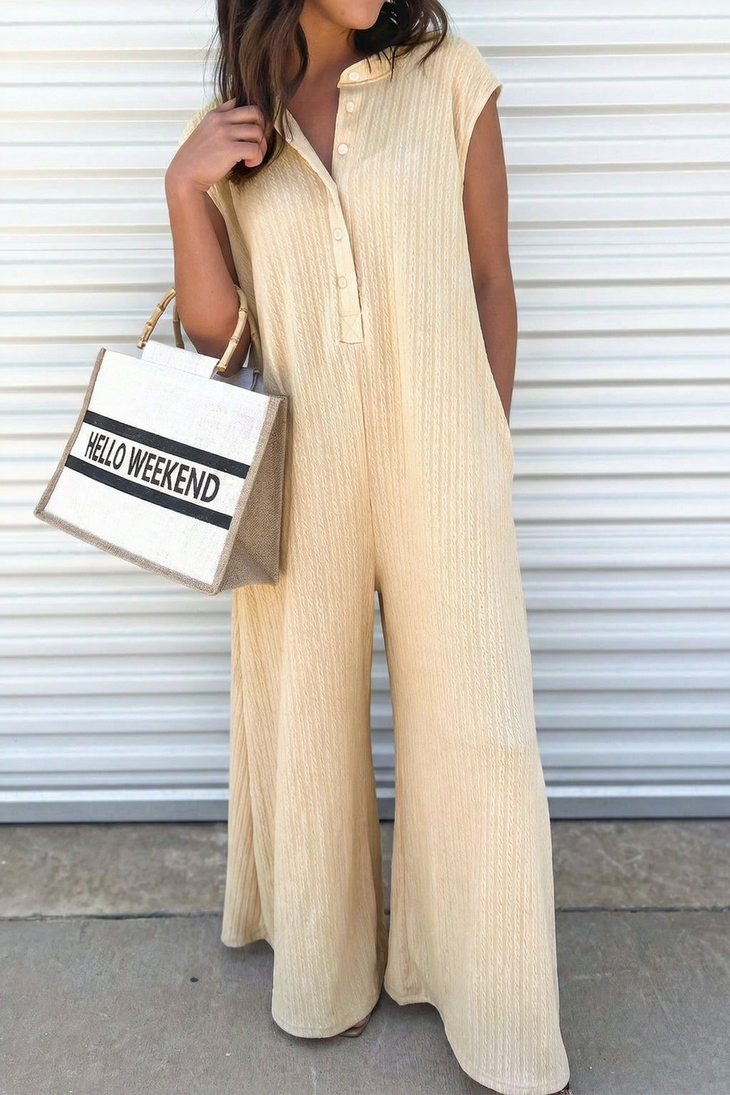 Jet Stream Half Buttons Ribbed Knit Wide Leg Jumpsuit