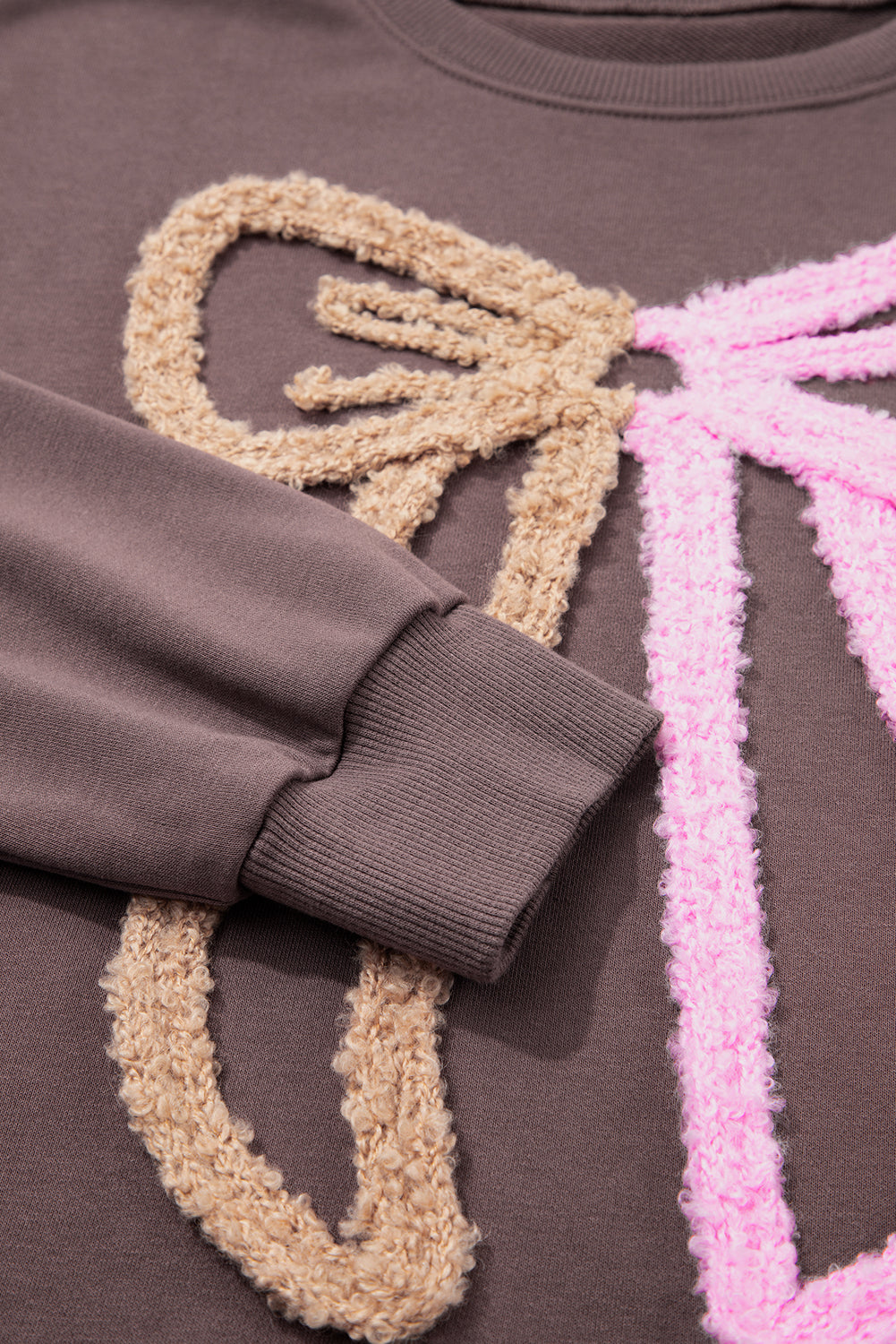 Dark Khaki Terry Bow Pattern Drop Shoulder Sweatshirt