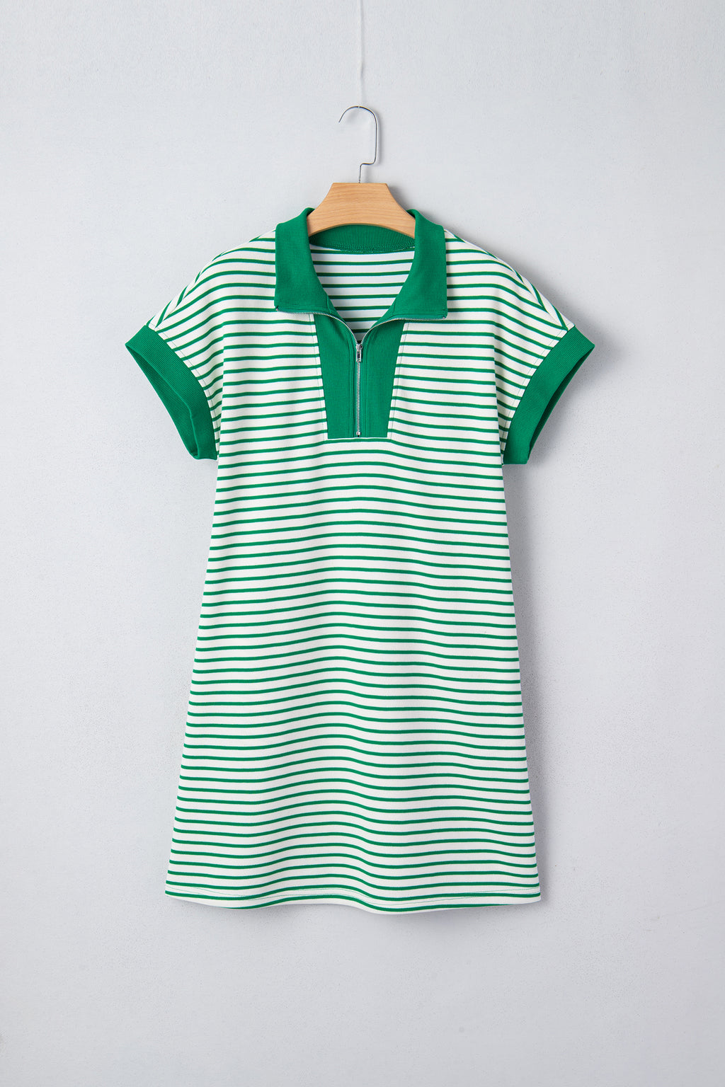 Green Stripe Quarter Zip Polo Collar T Shirt Dress with Pockets