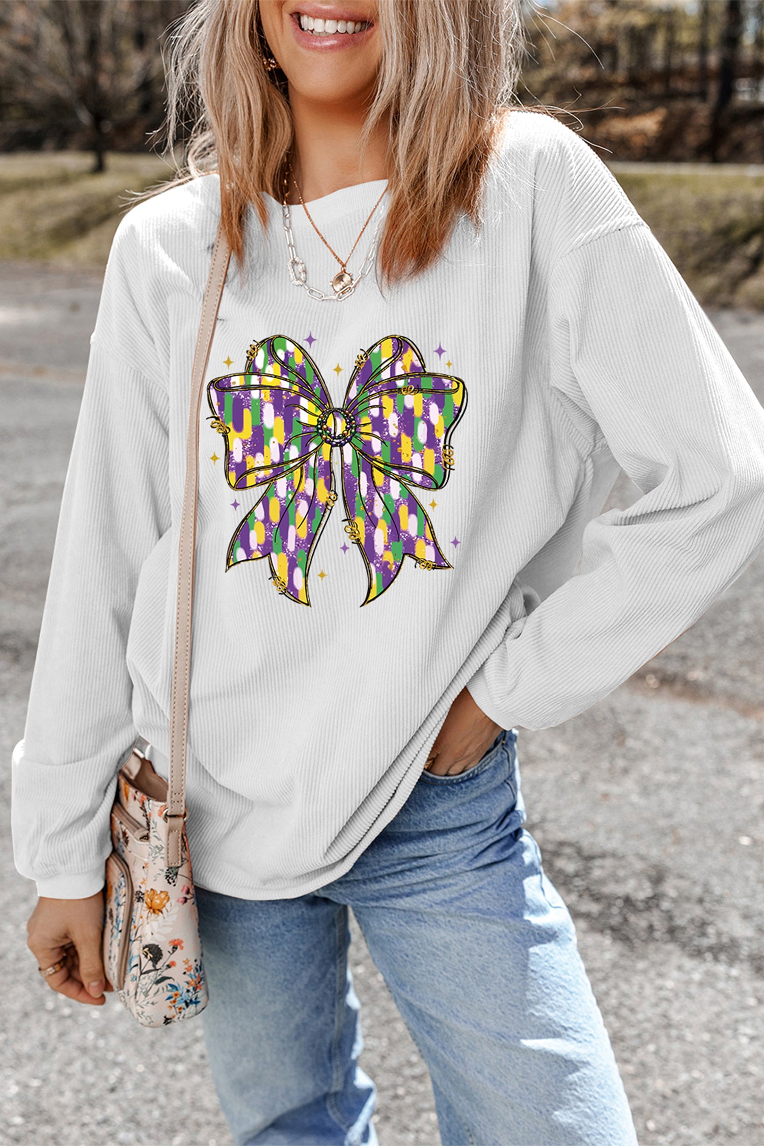 White Mardi Cheerful Bow Printed Corded Ribbed Sweatshirt