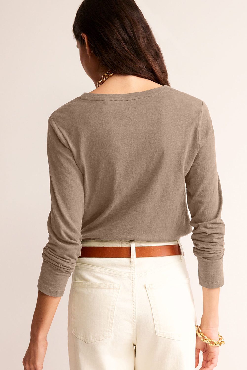 Smoke Gray Plain V Neck Long Sleeve Top