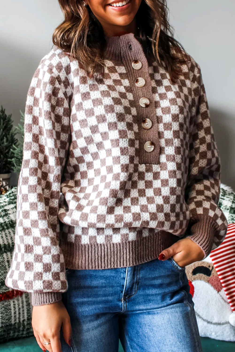 Dark Brown Plaid Contrast Trim Button Neck Sweater