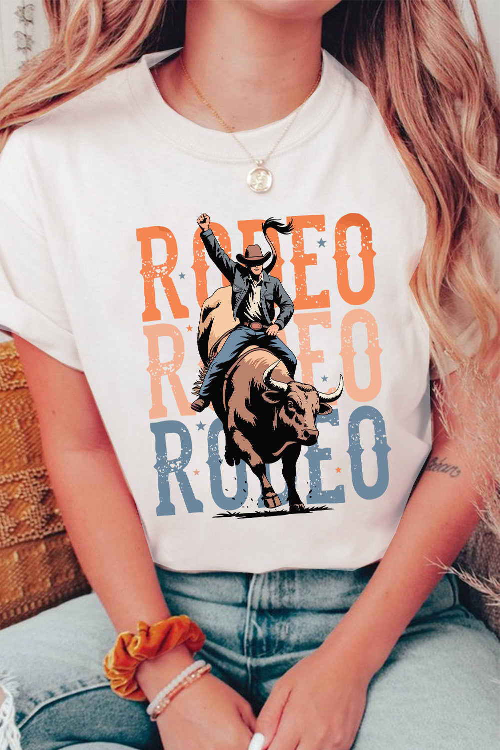 White RODEO Graphic Crewneck Fashion T Shirt
