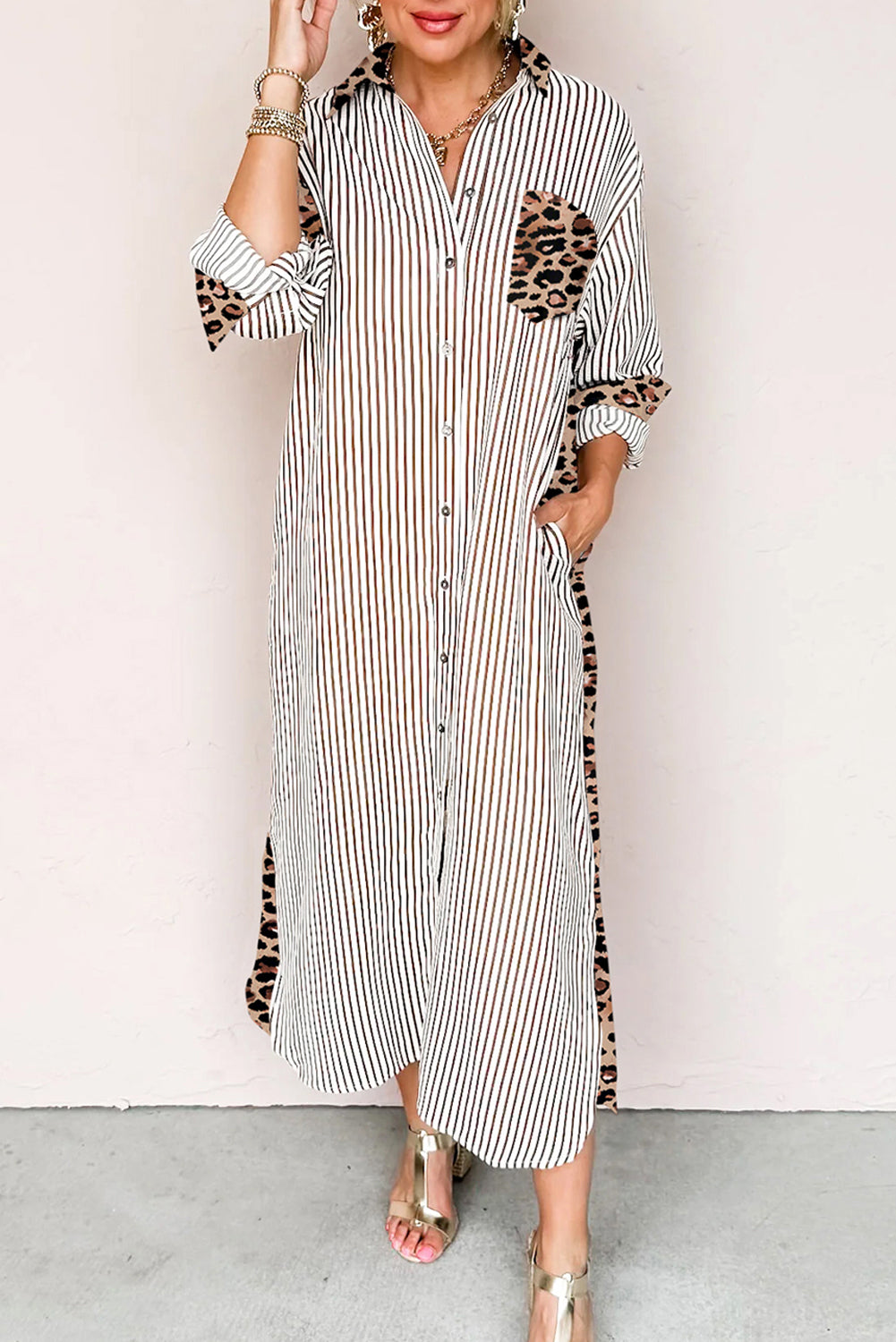 Brown Stripe Contrast Leopard Patchwork Shirt Dress
