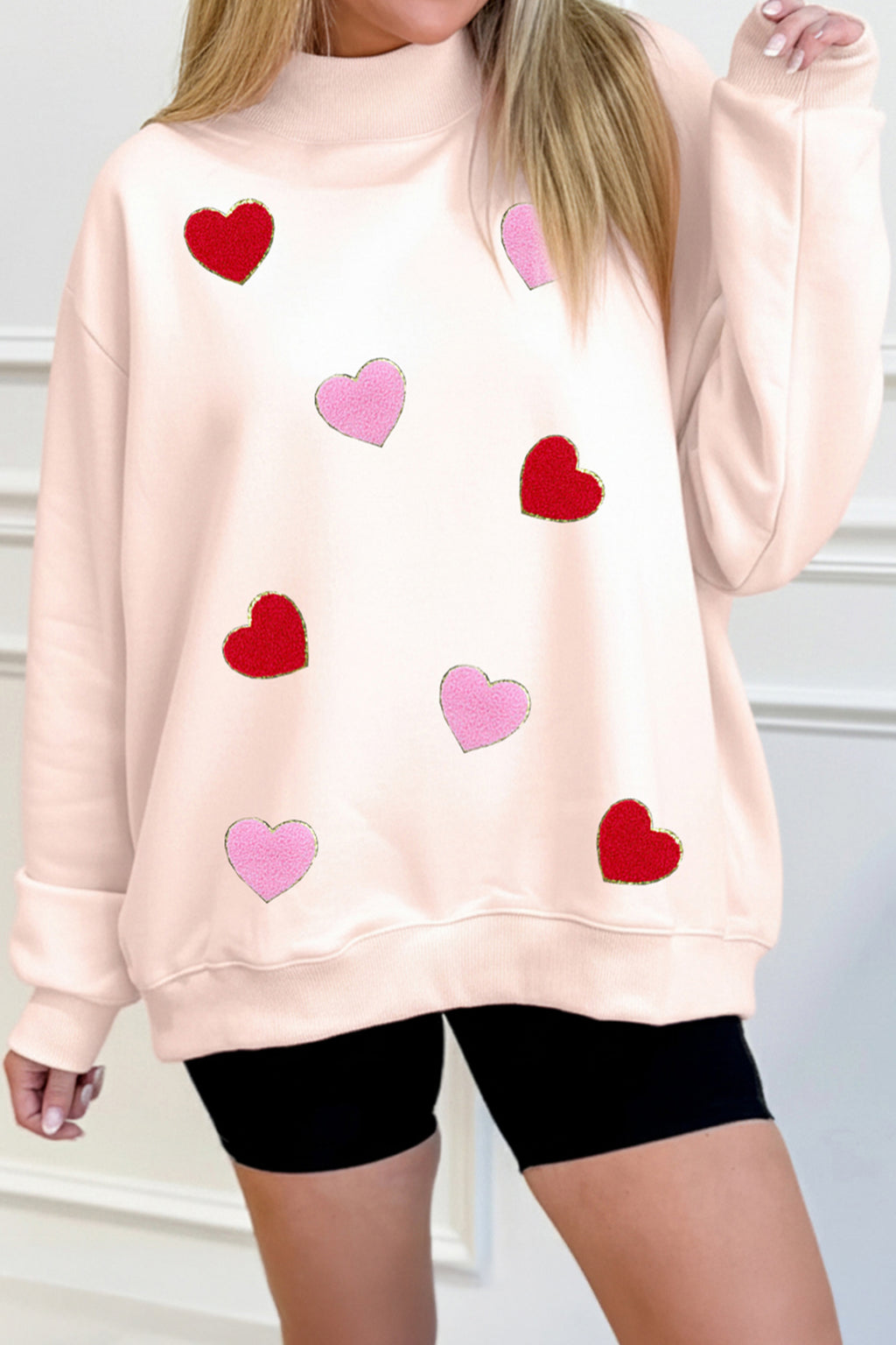 Apricot Pink Glitter Trim Chenille Heart Patched Mock Neck Sweatshirt