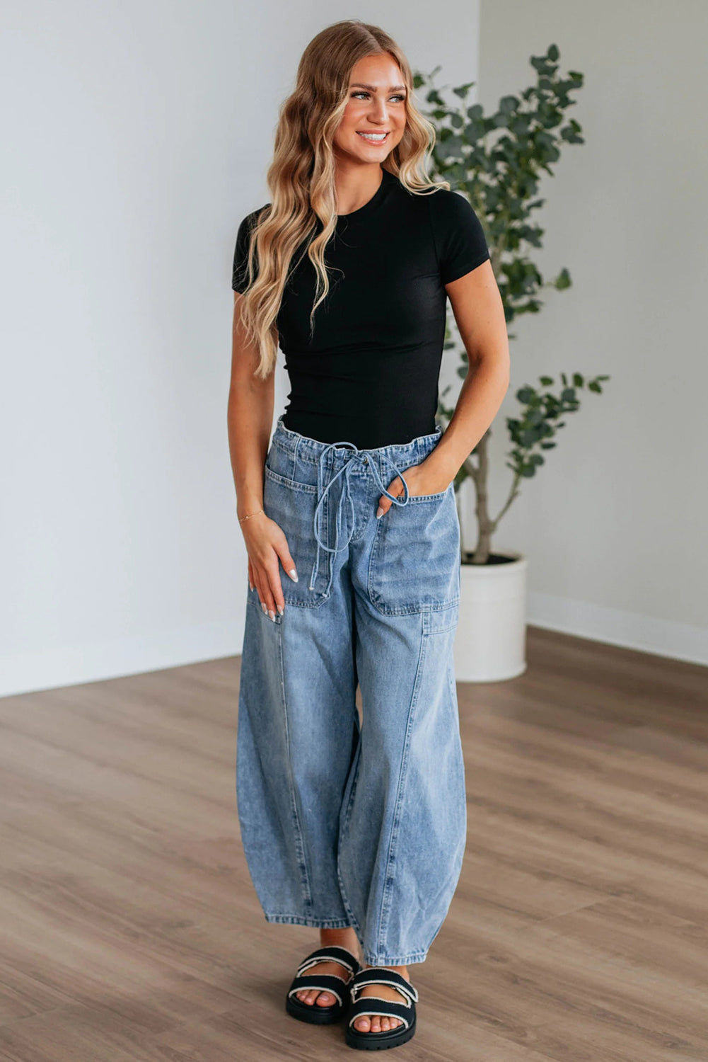 Jean Myosotis à grande poche plaquée et cordon de serrage, taille paperbag