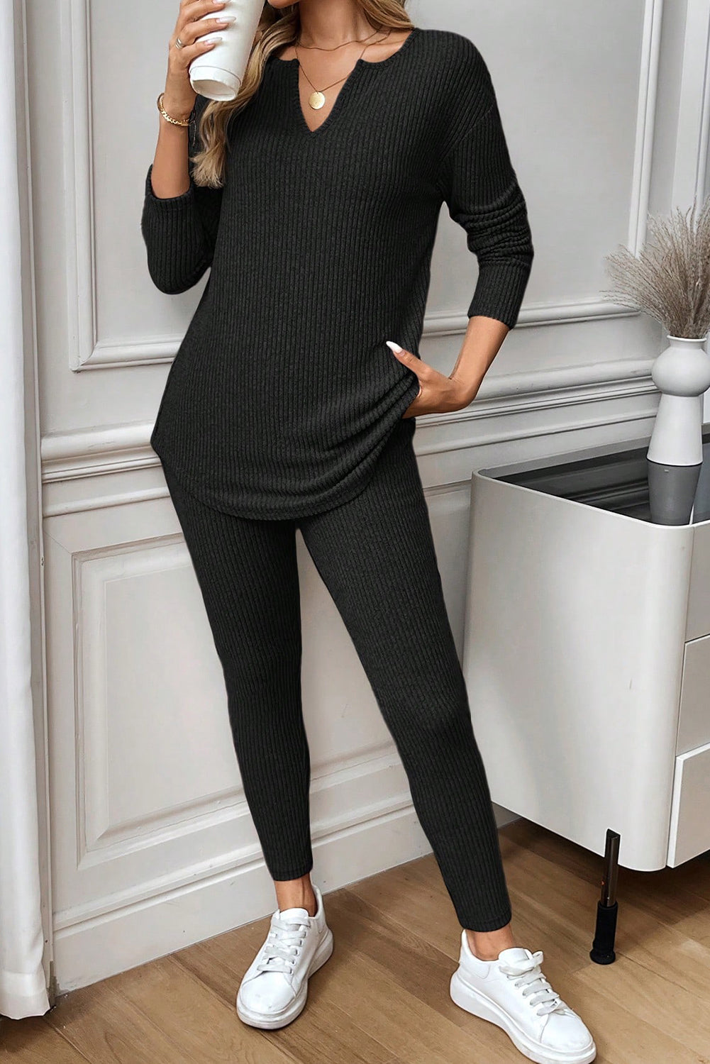 Grass Green Ribbed Notched Neck Knit Long Sleeve Leggings Two Pieces Lounge Set
