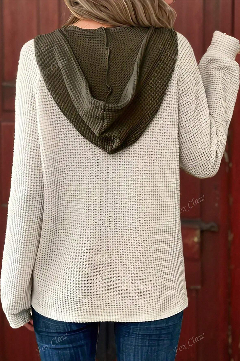 White Waffle Contrast Half Buttoned Hooded Pullover Top
