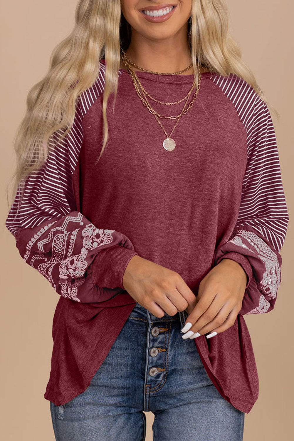 Medium Grey Contrast Print Striped Raglan Long Sleeve Loose Top