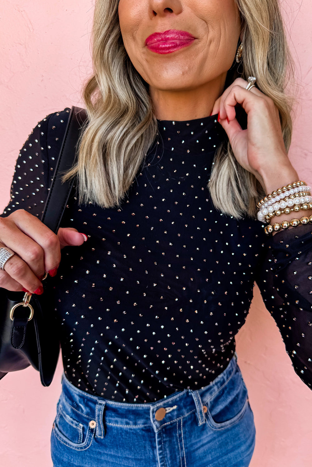 Black Rhinestone Embellished Mesh Long Sleeve Top