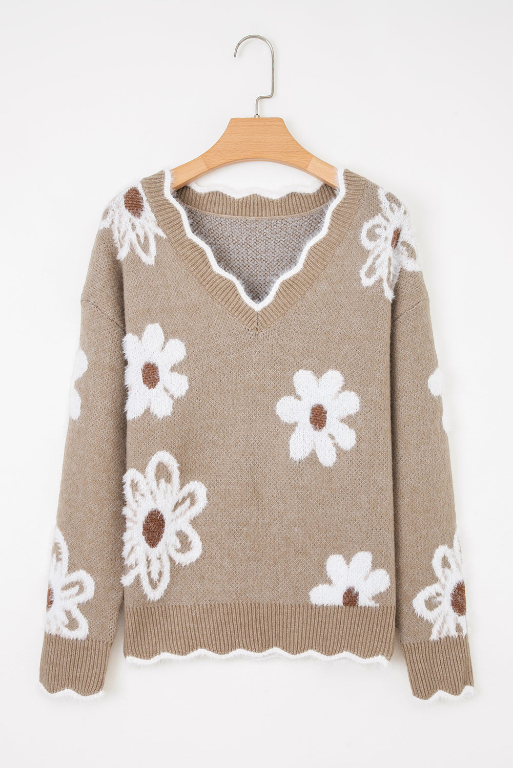 Pull col V festonné à fleurs en jacquard gris fumé