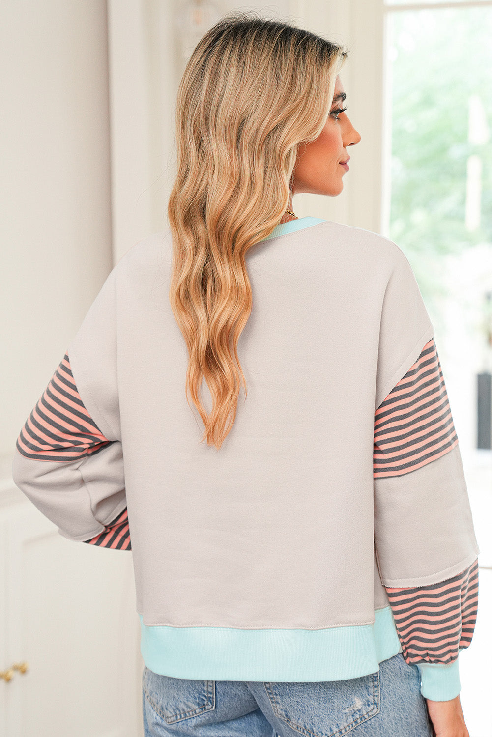 Parchment Colorblock Patchwork Striped Sleeve Sweatshirt