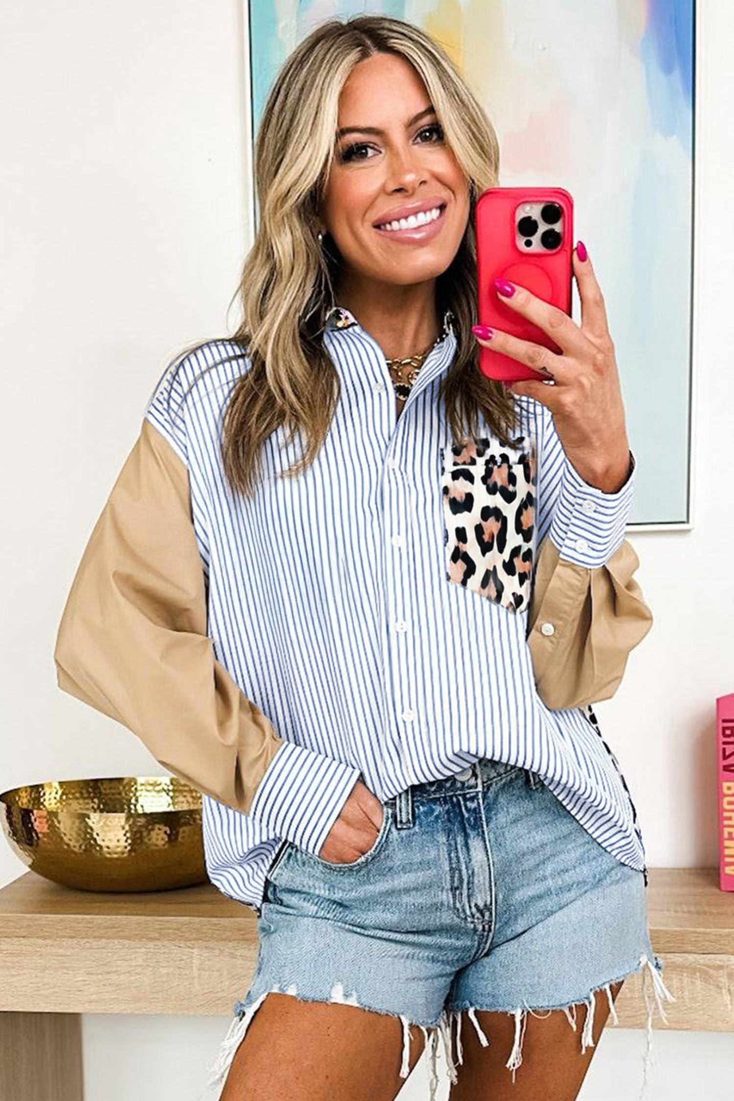 Sky Blue Stripe Colorblock Leopard Patchwork Chest Pocket Cuffed Sleeve Shirt