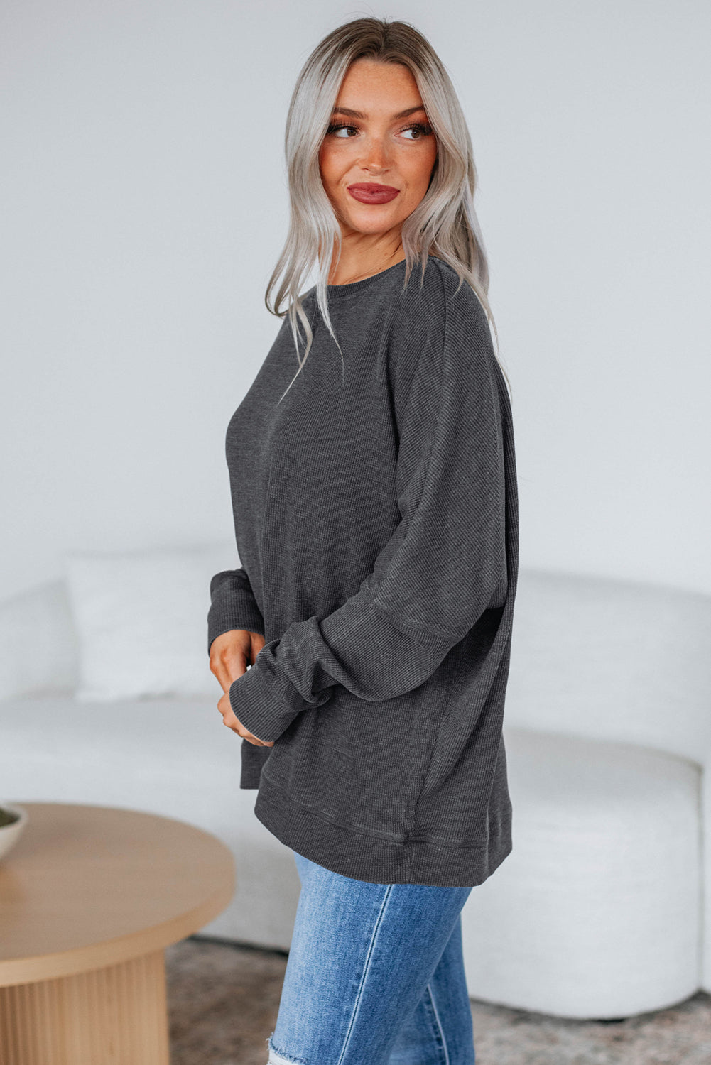 Top holgado de manga larga liso acanalado verde niebla