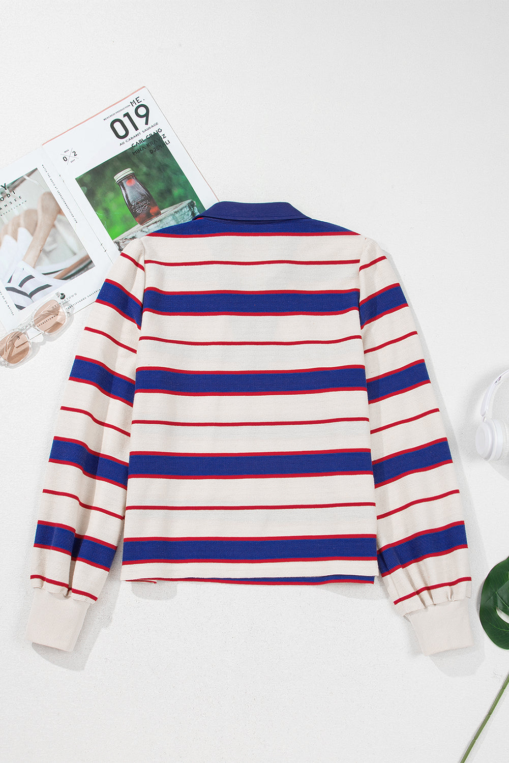 Blue Stripe Colorblock V Neck Collared Sweatshirt