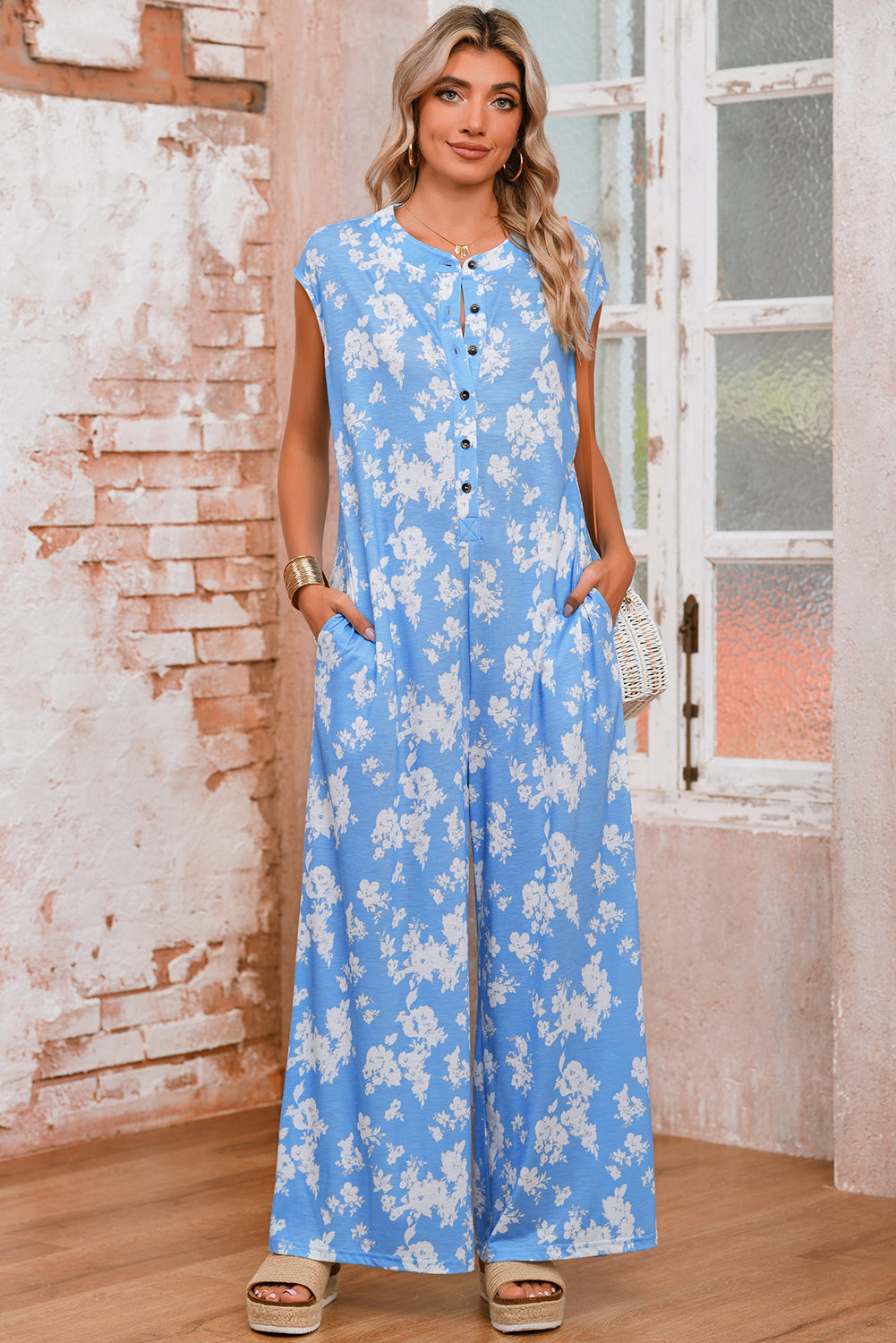 Myosotis Floral Print Sleeveless Wide Leg Jumpsuit