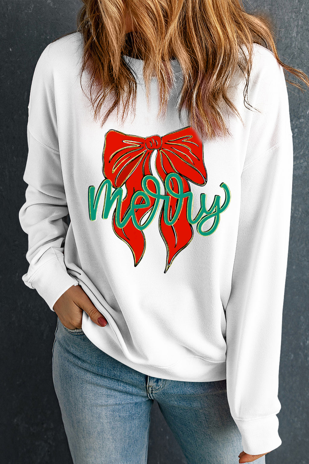 White merry Festive Bow Print Drop Shoulder Loose Pullover Sweatshirt
