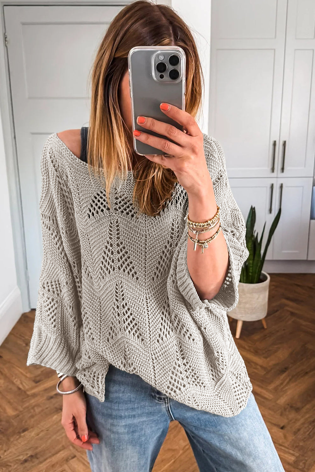 Seagrass Hollow Out Knit 3/4 Sleeve Loose Sweater