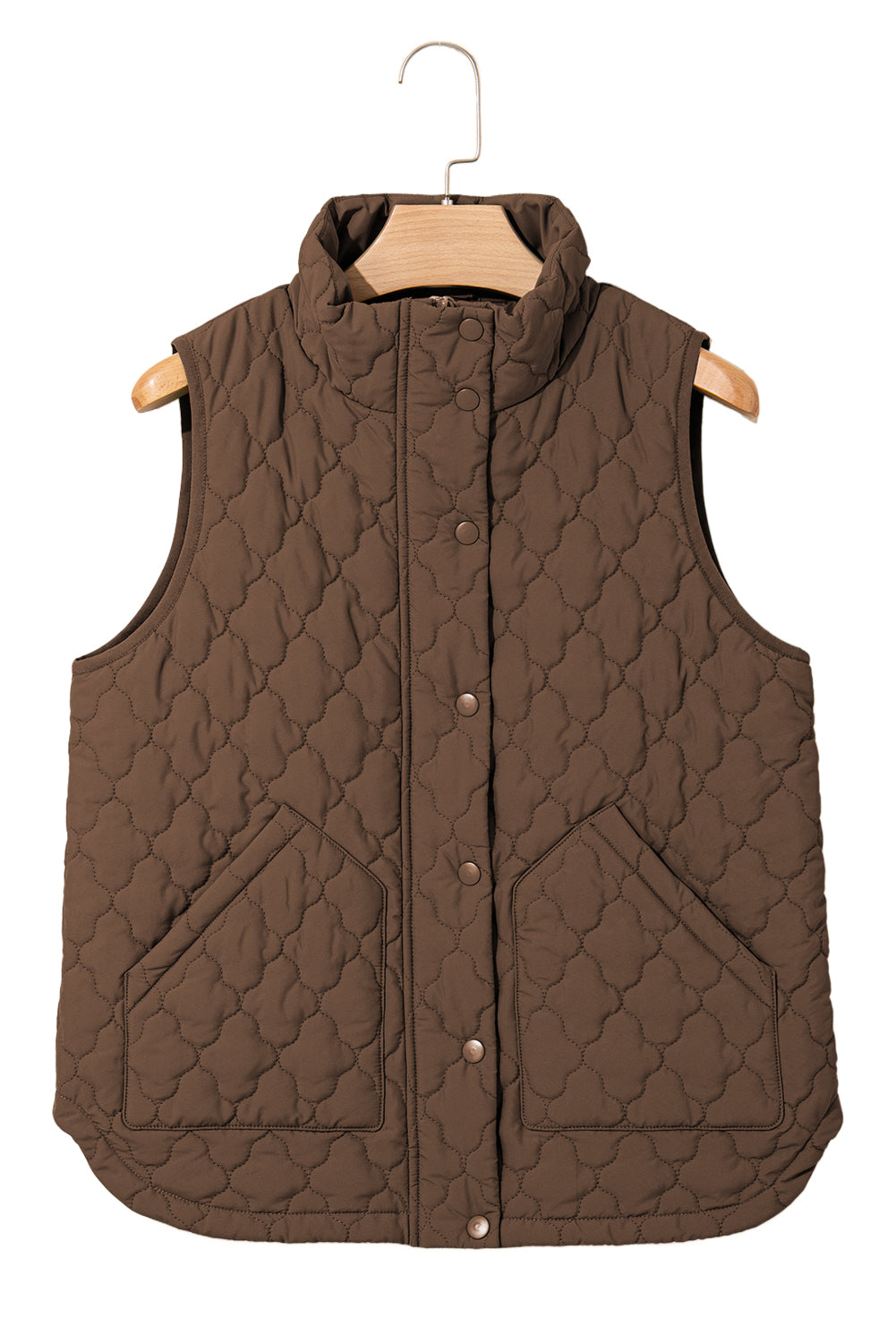 Dark Brown Flower Shape Quilted Snap Button Zip Up Winter Vest
