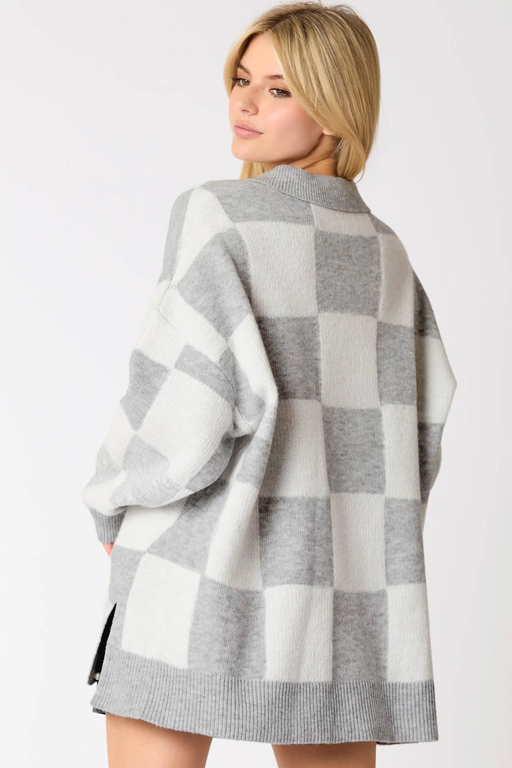Gray Plus Size Checkered Pattern Button Polo Collar Split Sweater