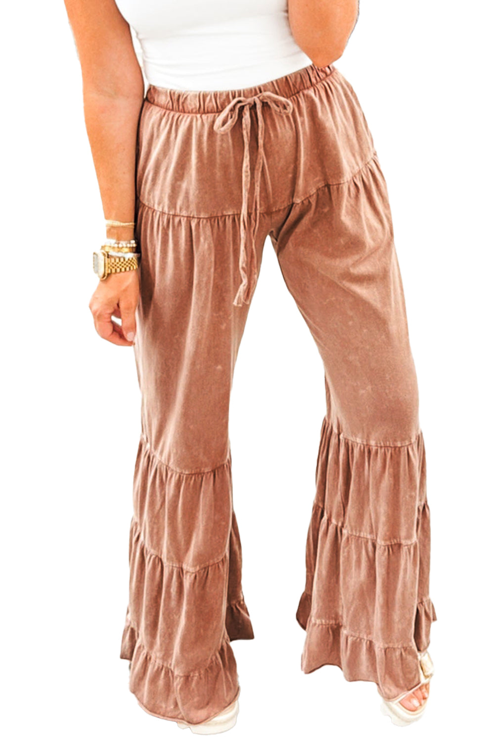 Straw Yellow Mineral Wash Lace-up High Waist Tiered Flared Pants