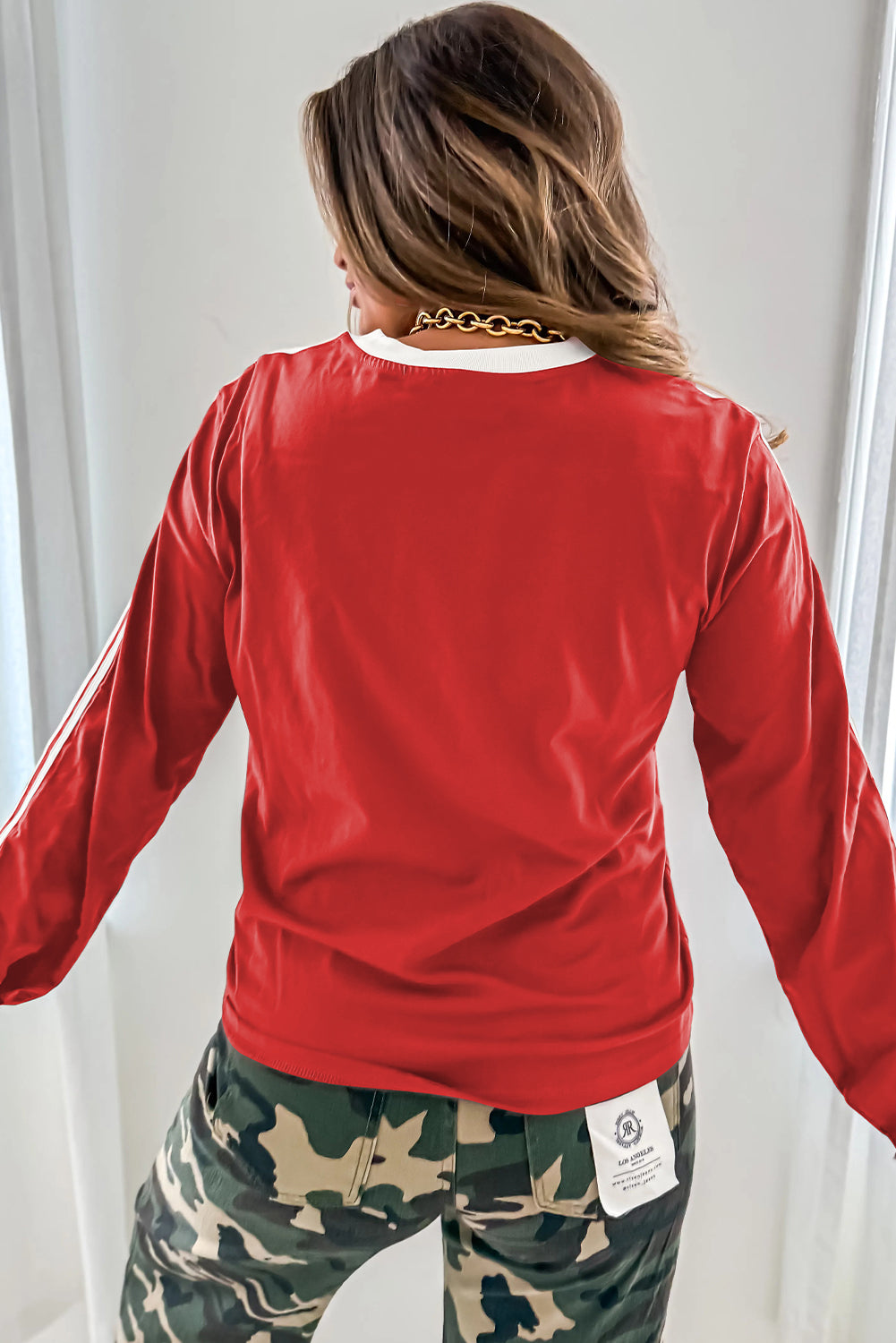 Fiery Red Varsity Striped Crew Neck Long Sleeve Top