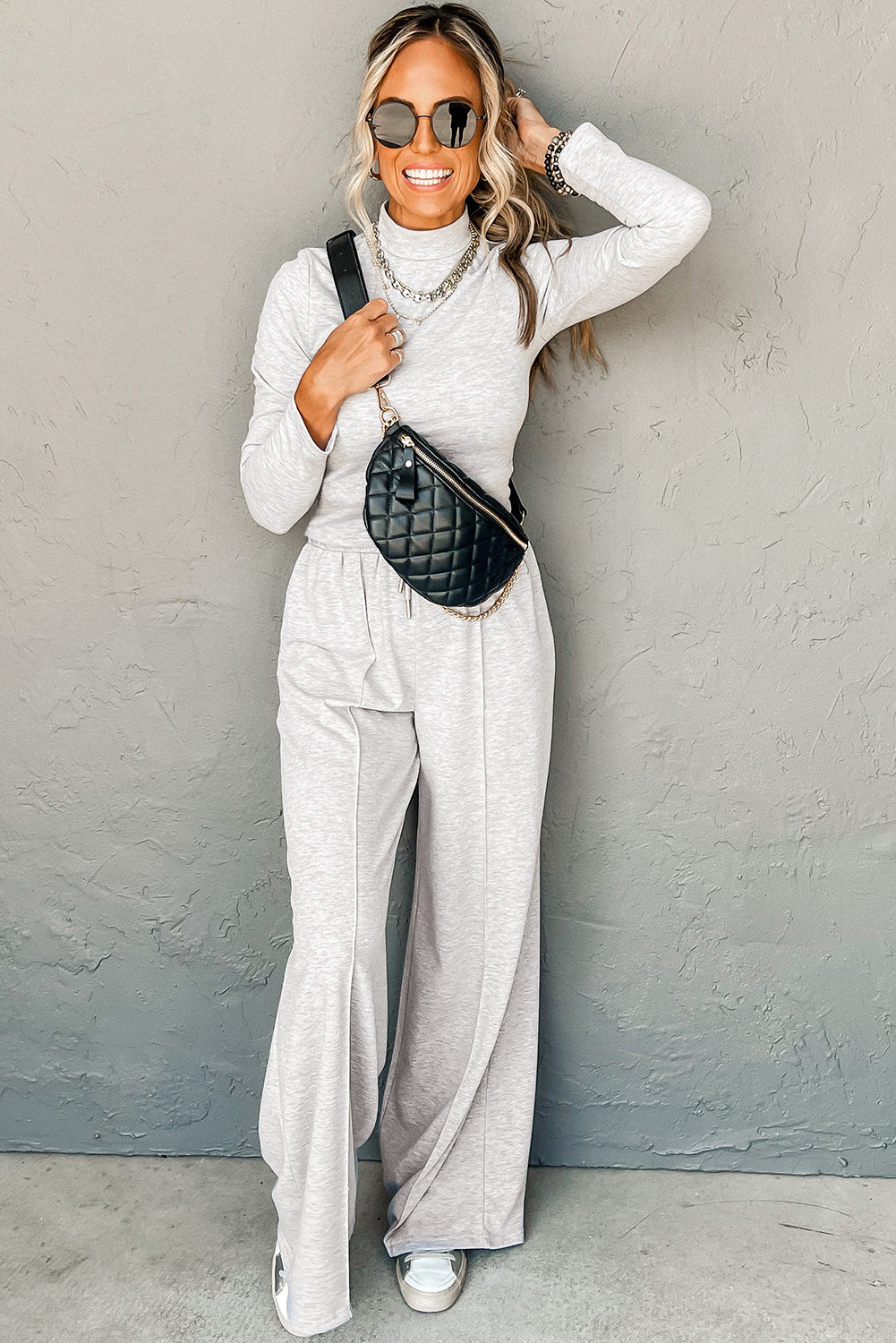 Light Grey Long Sleeve High Neck Slim Top Smocked Waist Central Seam Pants Set