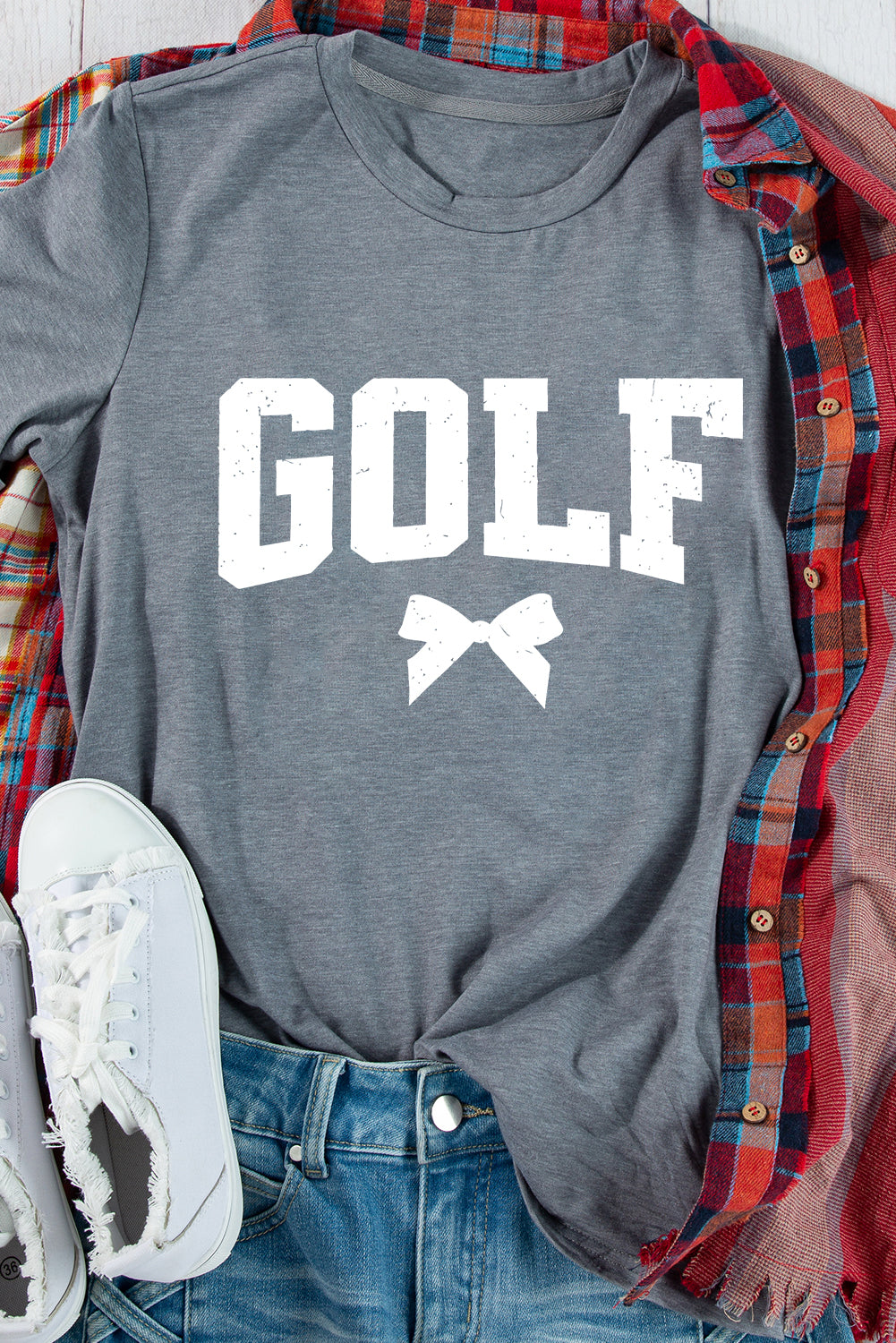 Gray Vintage GOLF Bow Print Casual T Shirt