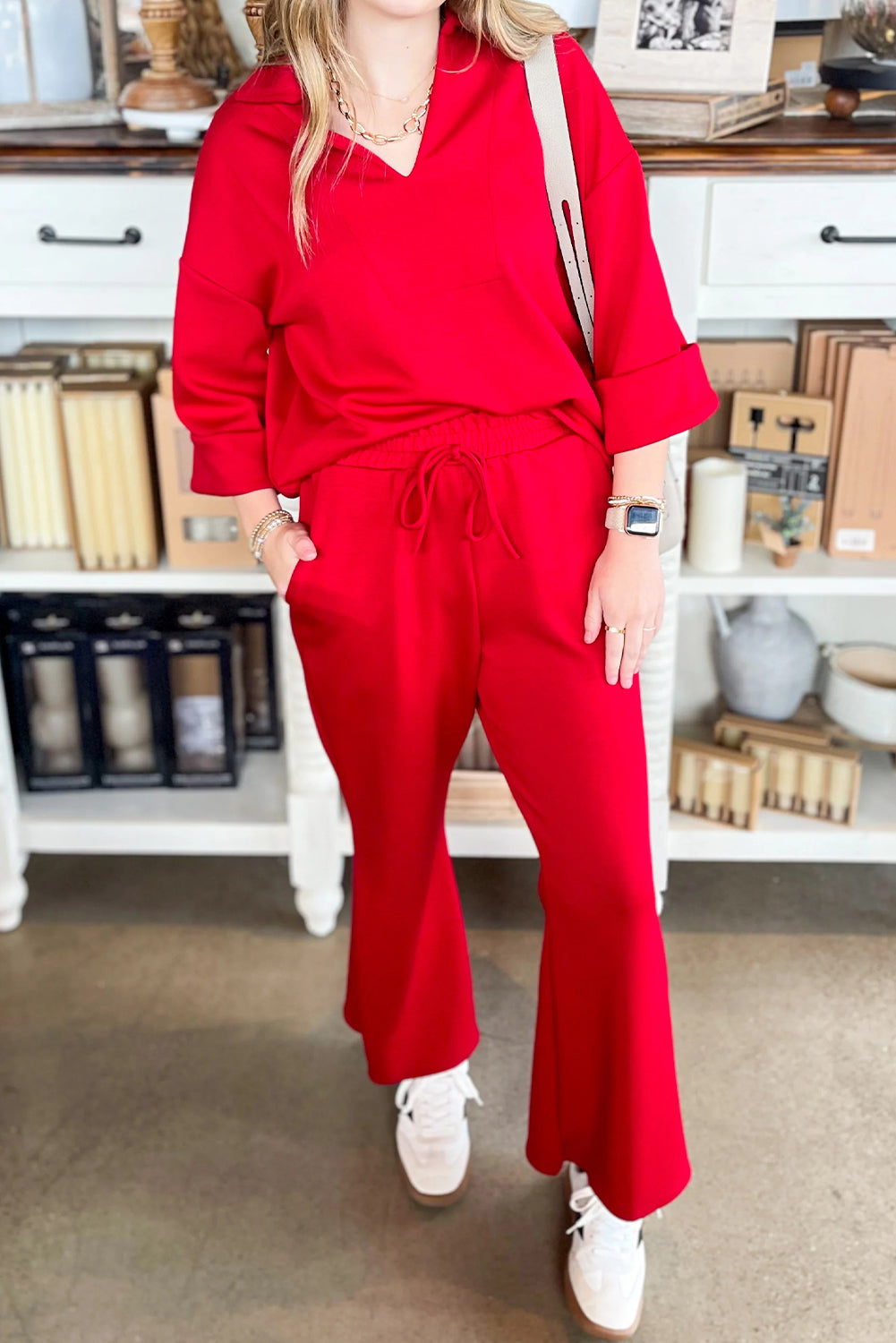 Fiery Red Plain V Neck Pullover Drawstring Bell Bottom Pants Set