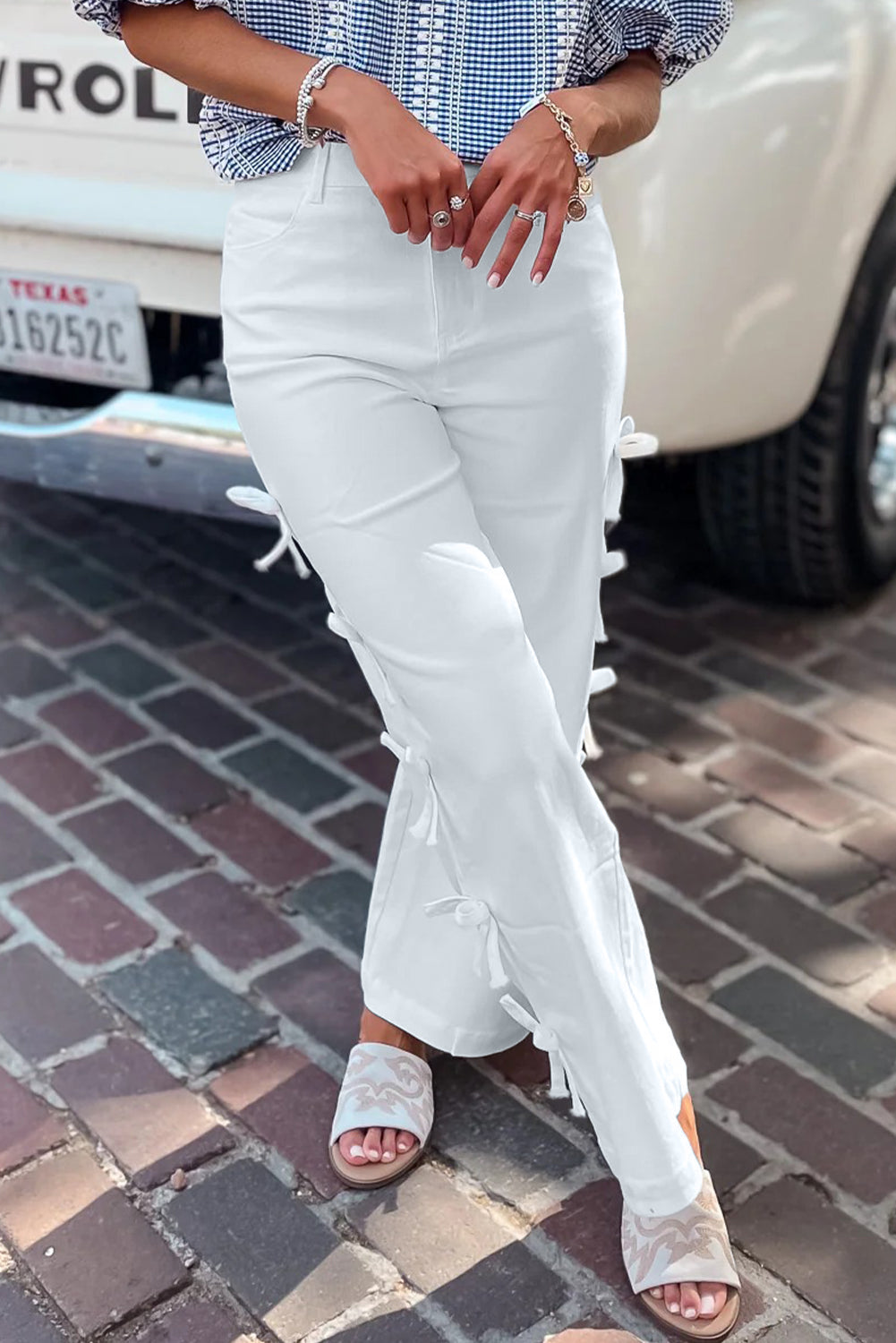 Beau Blue Bow Knot Side Detail Straight Leg Loose Jeans