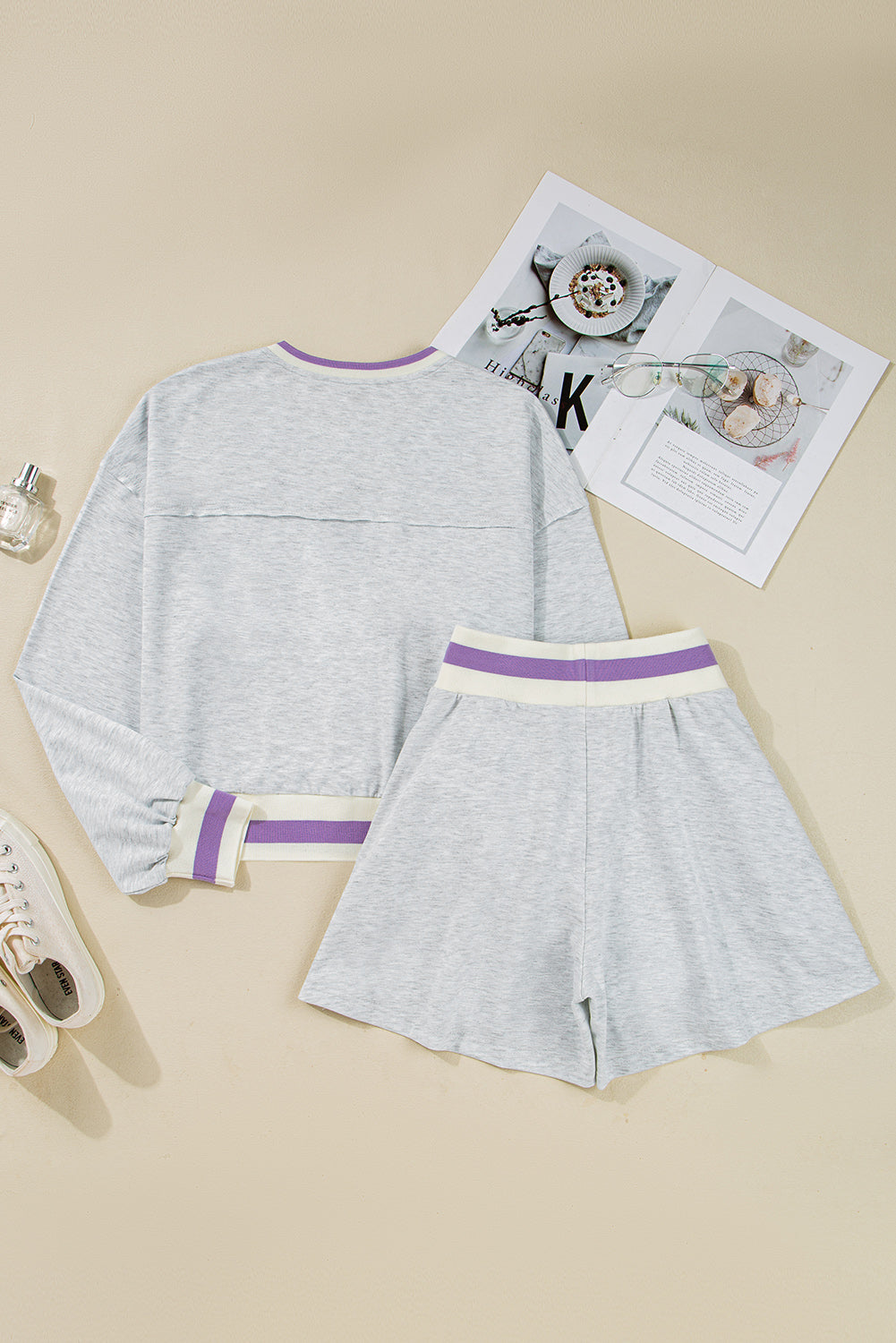 Light Grey Contrast Trim Striped Loose Sweatshirt and Skort Set