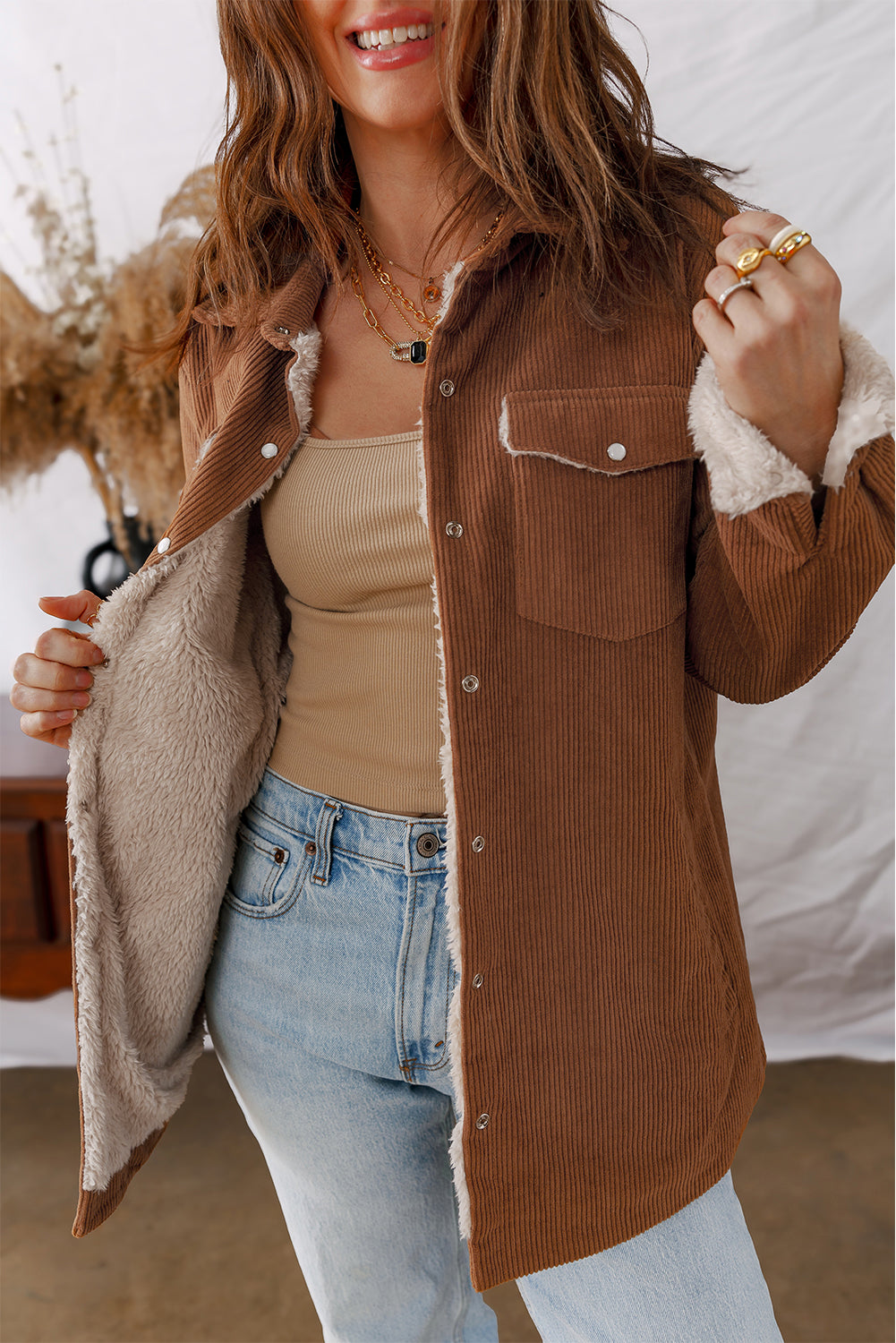 Cinnamon Fleece Lined Buttoned Flap Pockets Corduroy Jacket