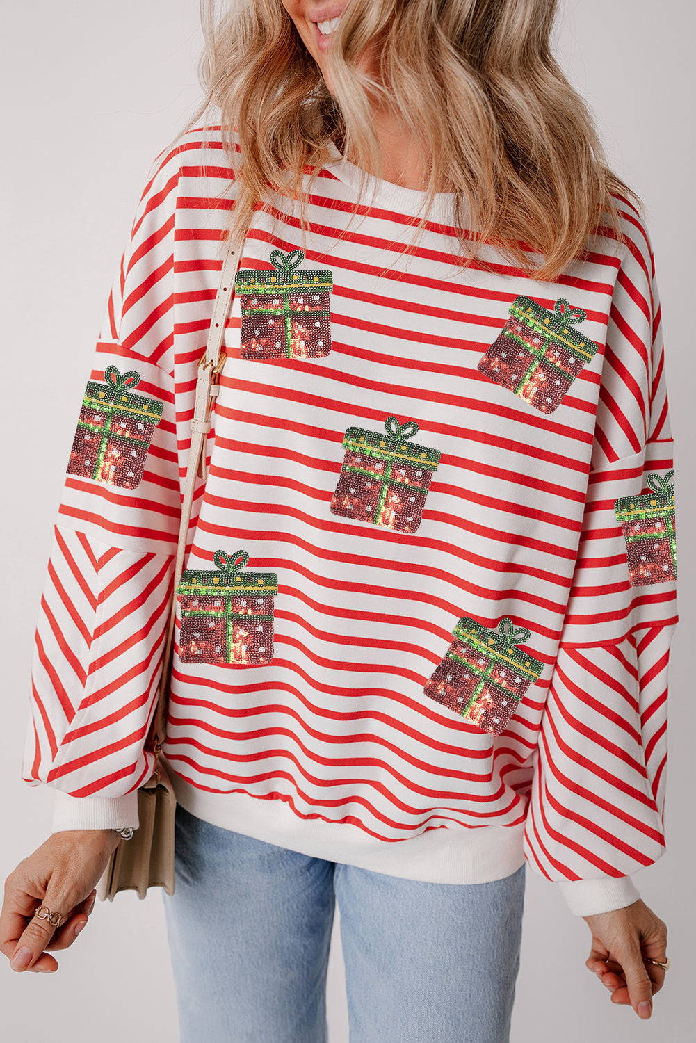 Orange Stripe Sequin Christmas Gift Patched Drop Shoulder Sweatshirt