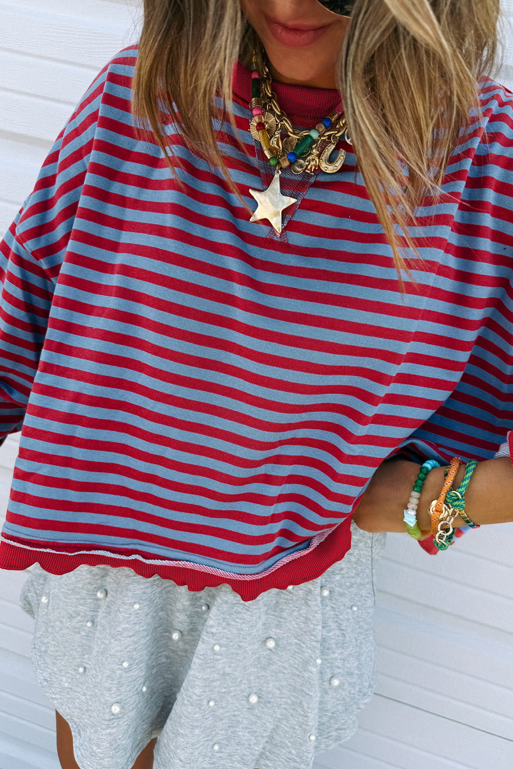 Red Stripe Exposed Seam Contrast Ribbed Trim Oversize Sweatshirt