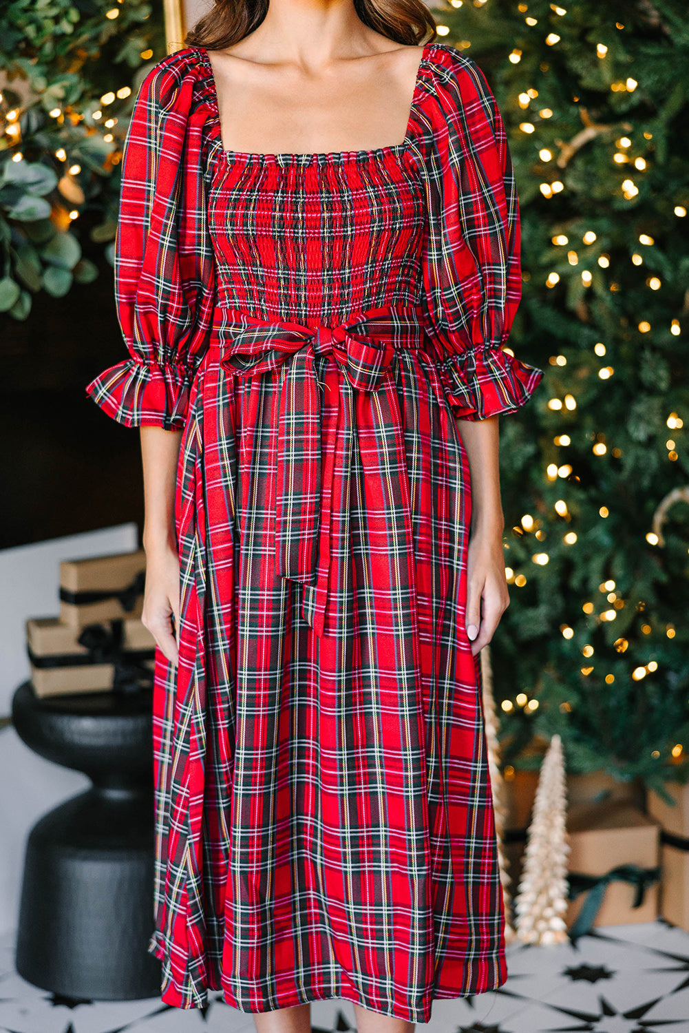 Red Plaid Square Neck Puff Sleeve Bowknot Waist Flared Midi Dress