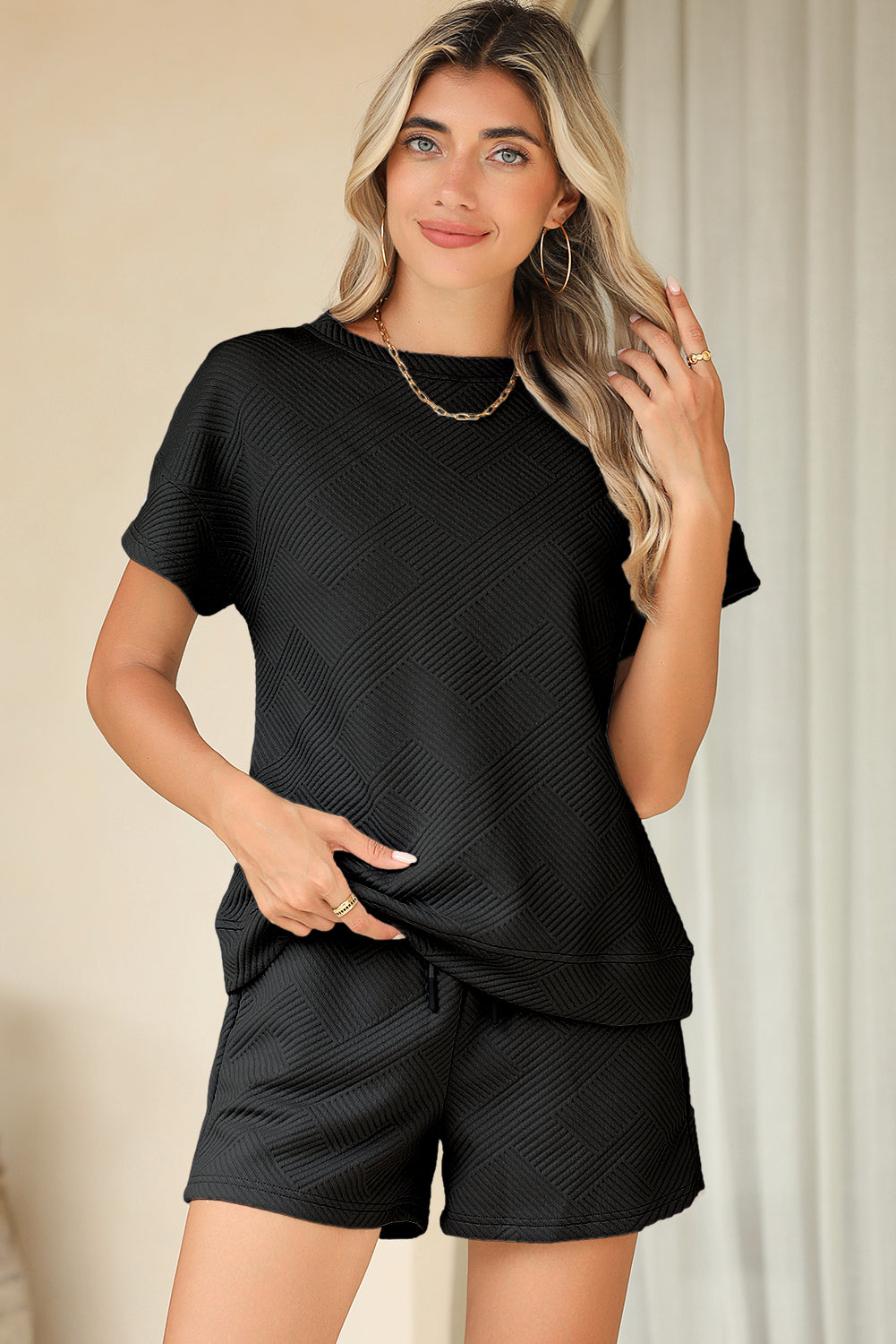 Ensemble short texturé uni rose fraise 2 pièces avec cordon de serrage