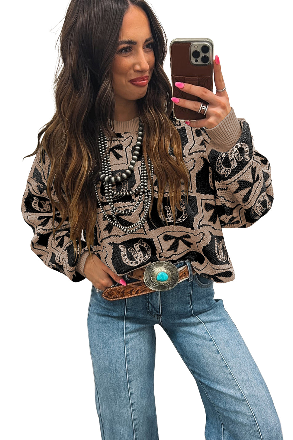 Black Colorblock Bow Pattern Drop Sleeve Sweater