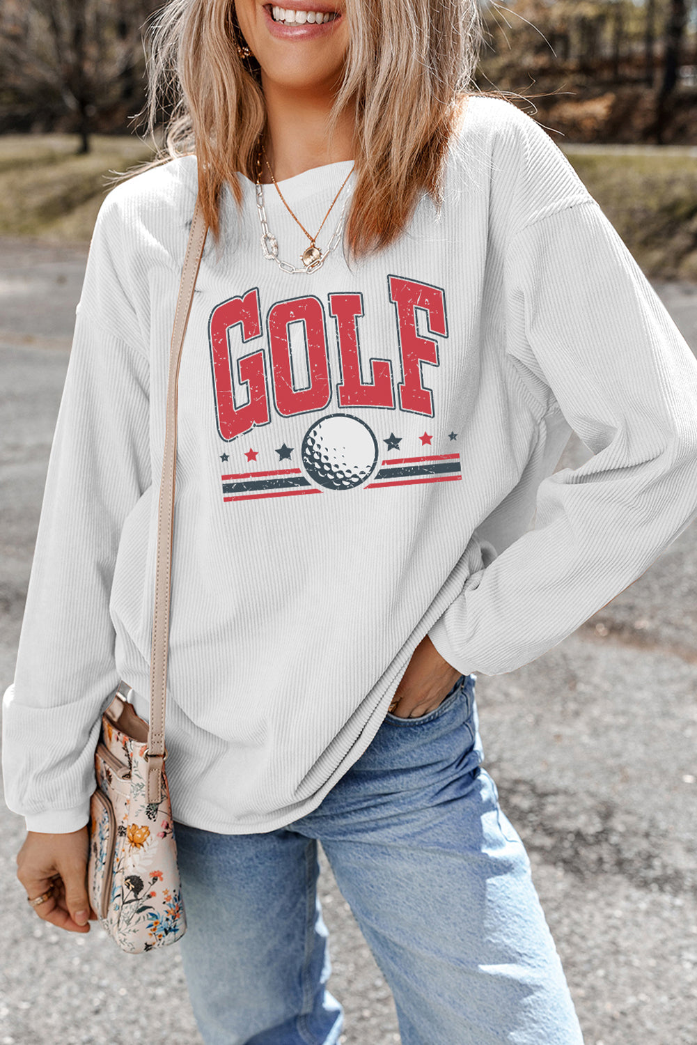 White GOLF Ball Print Ribbed Drop Shoulder Baggy Sweatshirt