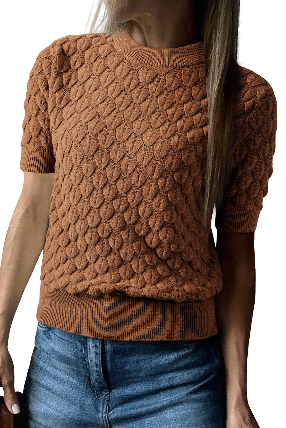 Straw Yellow Fish Scale Textured Knit Ribbed High Neck Short Sleeve Sweater