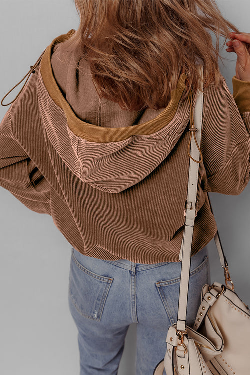 Sweat à capuche en velours côtelé avec cordon de serrage et poche kangourou à demi-fermeture éclair marron